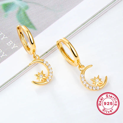 1 Pair Simple Style Streetwear Star Moon Plating Inlay Sterling Silver Zircon 18k Gold Plated Drop Earrings