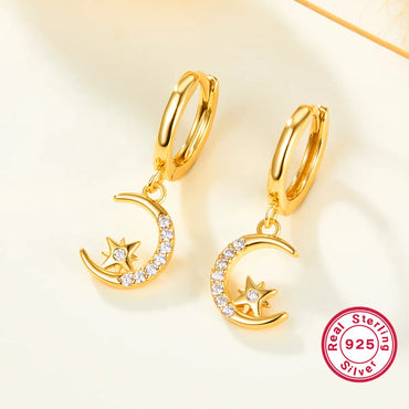 1 Pair Simple Style Streetwear Star Moon Plating Inlay Sterling Silver Zircon 18k Gold Plated Drop Earrings