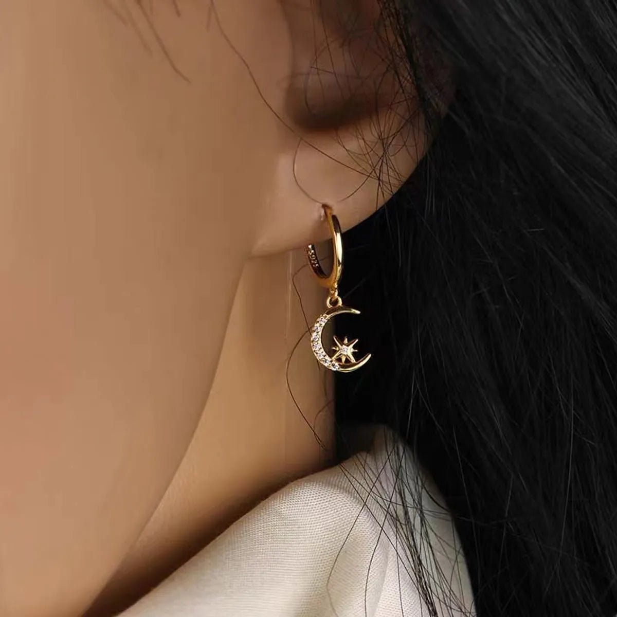 1 Pair Simple Style Streetwear Star Moon Plating Inlay Sterling Silver Zircon 18k Gold Plated Drop Earrings