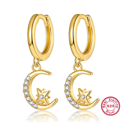 1 Pair Simple Style Streetwear Star Moon Plating Inlay Sterling Silver Zircon 18k Gold Plated Drop Earrings