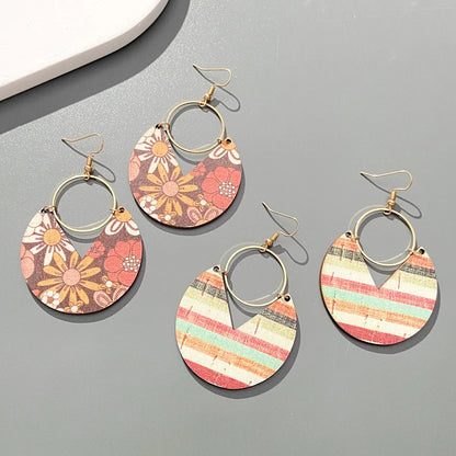 1 Pair Simple Style Stripe Flower Wood Dangling Earrings