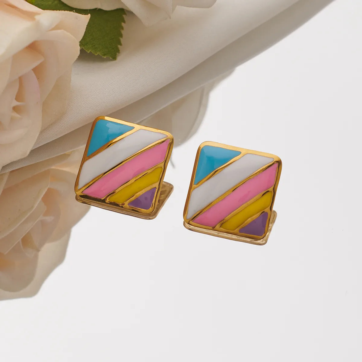 1 Pair Simple Style Stripe Rhombus Enamel 304 Stainless Steel 18K Gold Plated Ear Studs