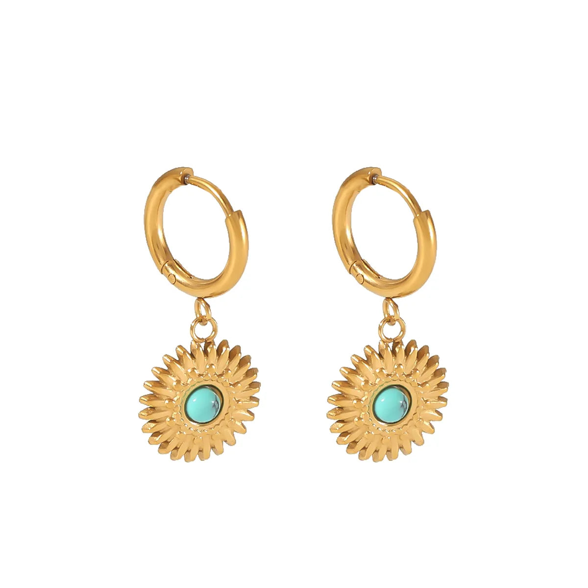 1 Pair Simple Style Sunflower Round Polishing Plating Inlay Stainless Steel Artificial Gemstones 18k Gold Plated Drop Earrings