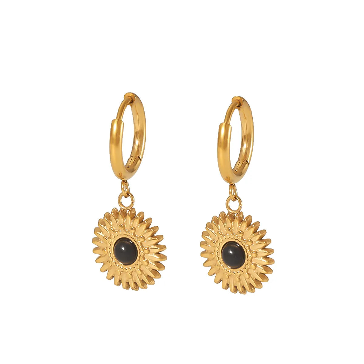 1 Pair Simple Style Sunflower Round Polishing Plating Inlay Stainless Steel Artificial Gemstones 18k Gold Plated Drop Earrings