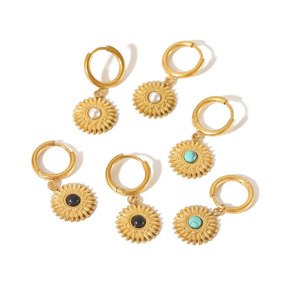 1 Pair Simple Style Sunflower Round Polishing Plating Inlay Stainless Steel Artificial Gemstones 18k Gold Plated Drop Earrings