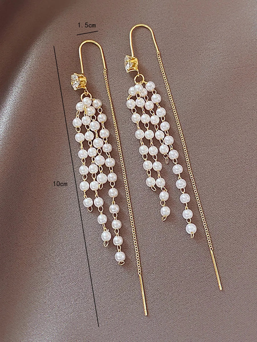 1 Pair Simple Style Tassel Pearl Inlay Alloy Rhinestones Ear Line