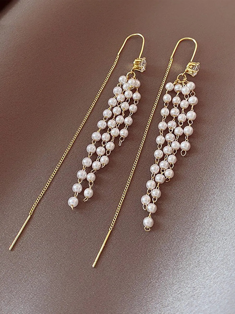 1 Pair Simple Style Tassel Pearl Inlay Alloy Rhinestones Ear Line