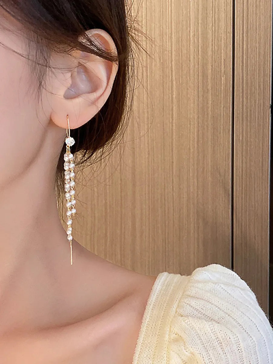 1 Pair Simple Style Tassel Pearl Inlay Alloy Rhinestones Ear Line