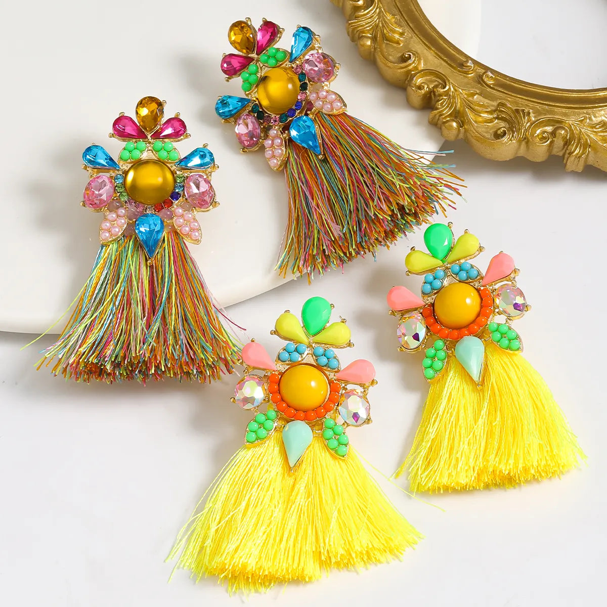 1 Pair Simple Style Tassel Plating Alloy Rhinestones K Gold Plated Drop Earrings