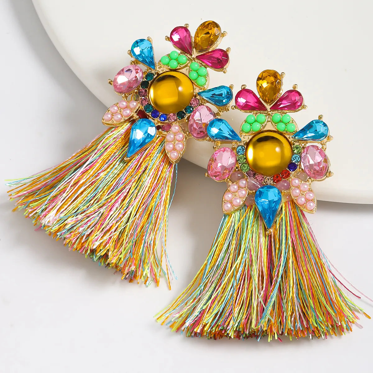 1 Pair Simple Style Tassel Plating Alloy Rhinestones K Gold Plated Drop Earrings