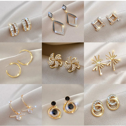 1 Pair Simple Style Triangle Square Flower Metal Plating Inlay Rhinestones Pearl Women's Earrings