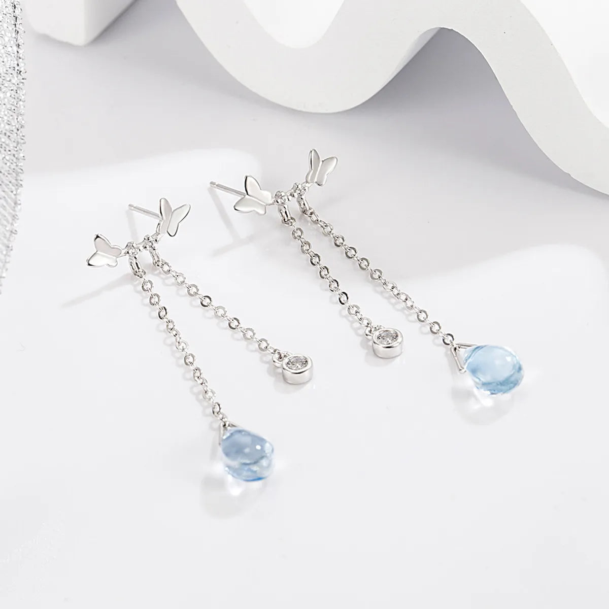 1 Pair Simple Style Water Droplets Butterfly Plating Inlay Sterling Silver Moonstone White Gold Plated Drop Earrings