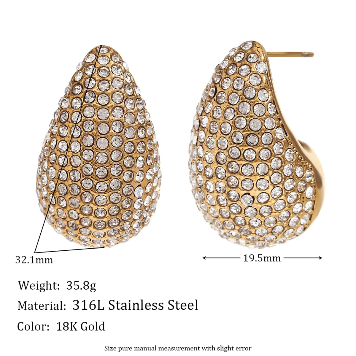 1 Pair Simple Style Water Droplets Plating Stainless Steel Rhinestones 18k Gold Plated Ear Studs