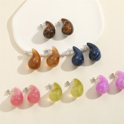 1 Pair Simple Style Water Droplets Solid Color Plating Inlay Brass Resin White Gold Plated Ear Studs