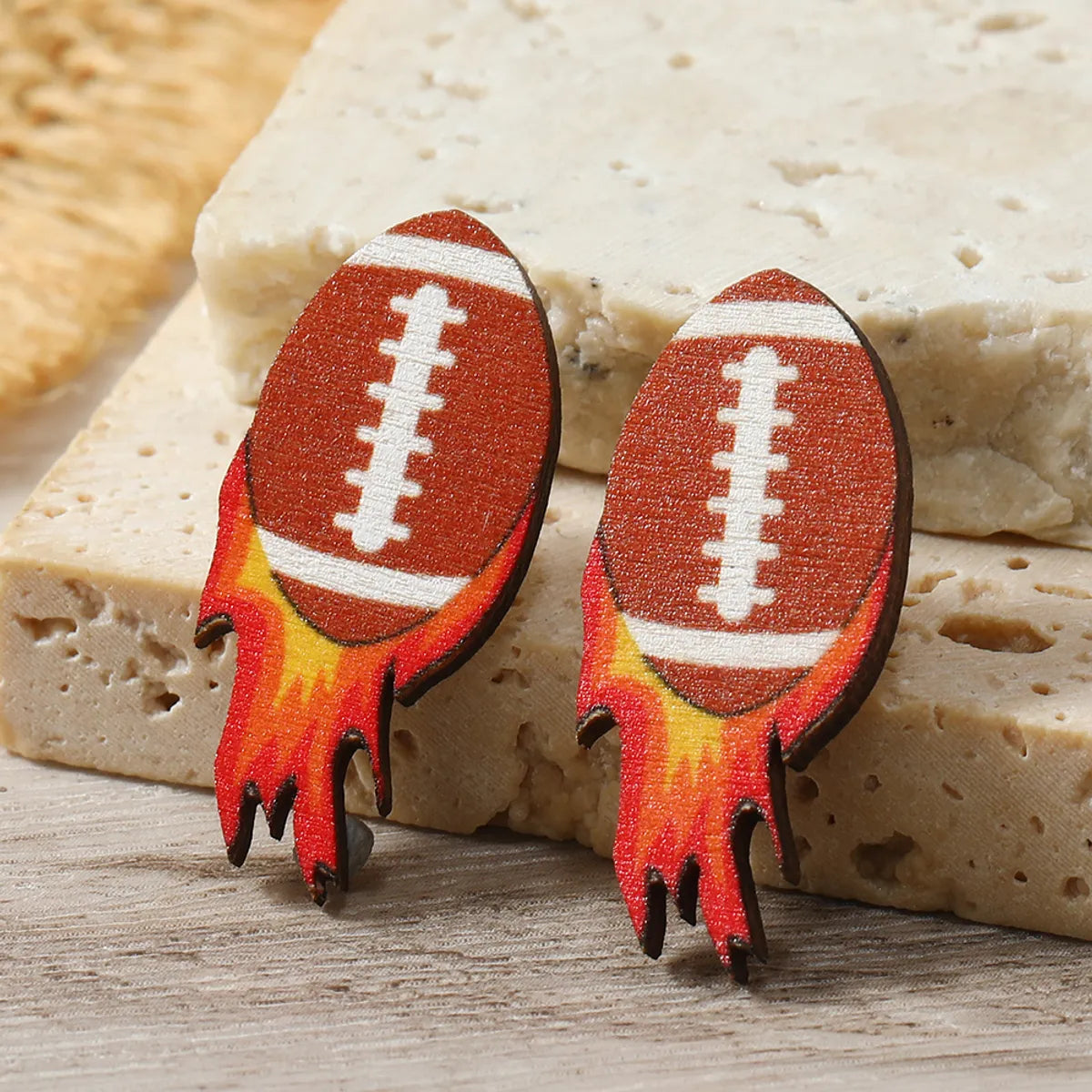 1 Pair Sports Rugby Painted Wood Ear Studs