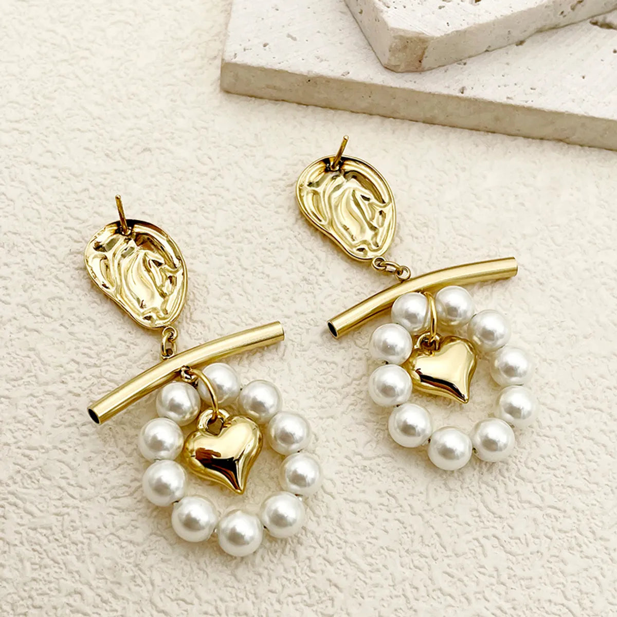 1 Pair Streetwear Heart Shape Polishing Plating Inlay Stainless Steel Pearl Gold Plated Drop Earrings