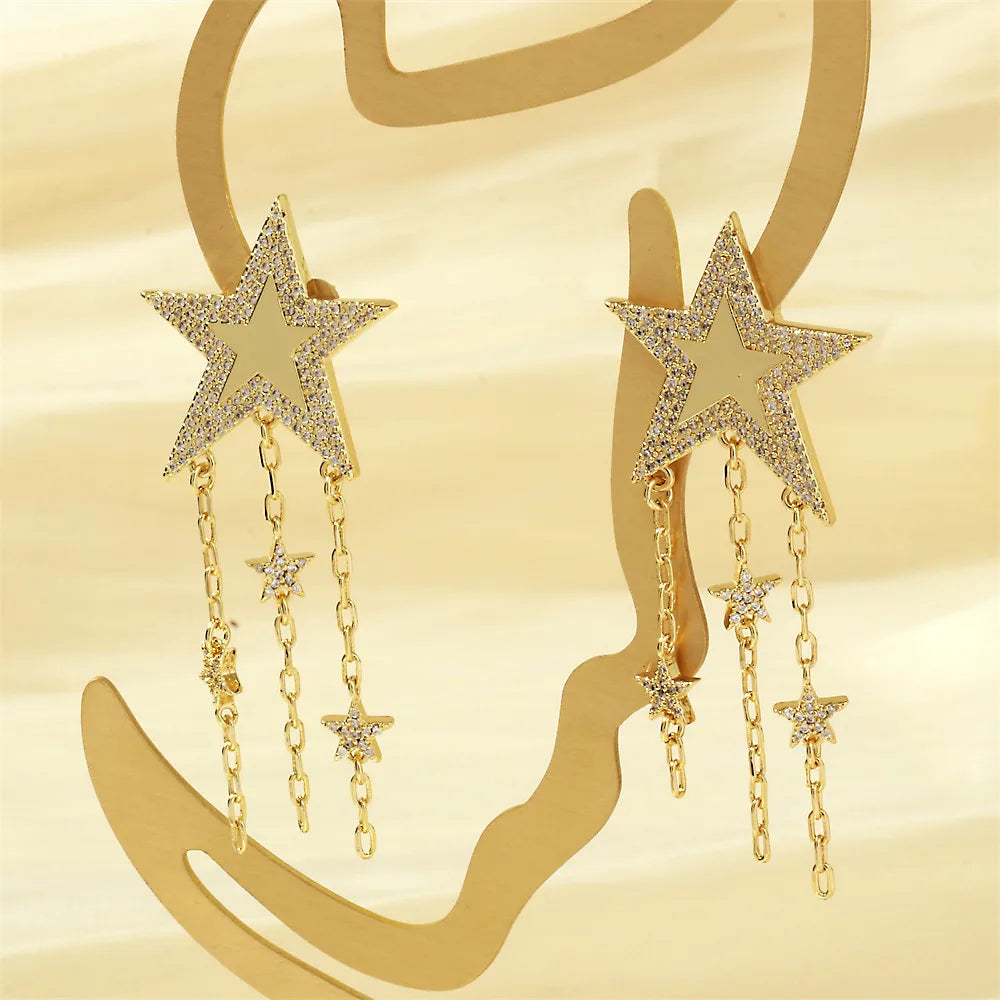 1 Pair Streetwear Shiny Star Plating Inlay Copper Zircon 18k Gold Plated Drop Earrings