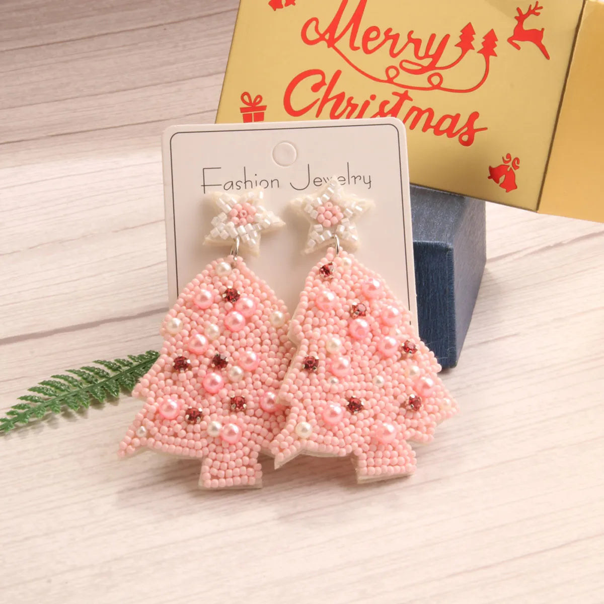 1 Pair Sweet Artistic Christmas Tree Asymmetrical Beaded Handmade Cloth Glass Drop Earrings