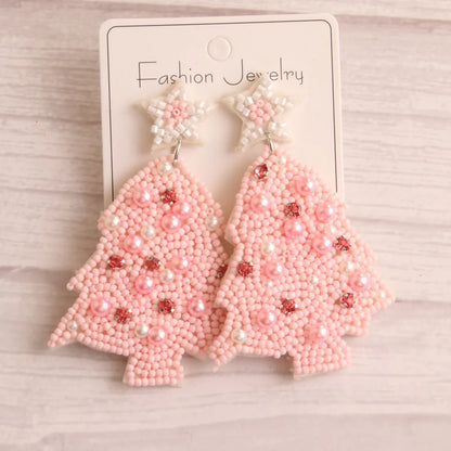 1 Pair Sweet Artistic Christmas Tree Asymmetrical Beaded Handmade Cloth Glass Drop Earrings