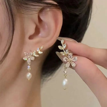 1 Pair Sweet Artistic Leaf Flower Plating Inlay Stainless Steel Artificial Pearls Zircon Ear Studs