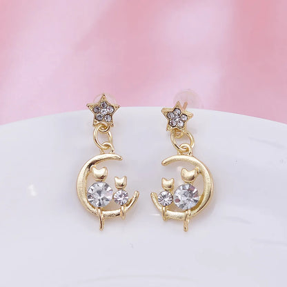 1 Pair Sweet Artistic Star Moon Cat Three-dimensional Hollow Out Inlay Alloy Artificial Diamond Drop Earrings