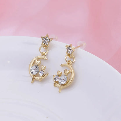 1 Pair Sweet Artistic Star Moon Cat Three-dimensional Hollow Out Inlay Alloy Artificial Diamond Drop Earrings