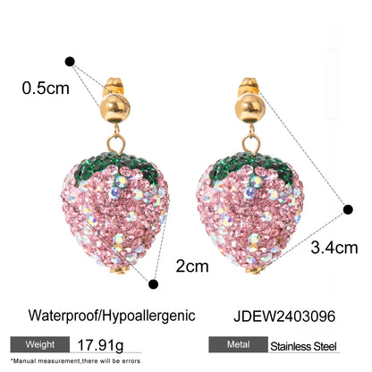 1 Pair Sweet Artistic Strawberry Inlay 304 Stainless Steel Rhinestones 18K Gold Plated Drop Earrings