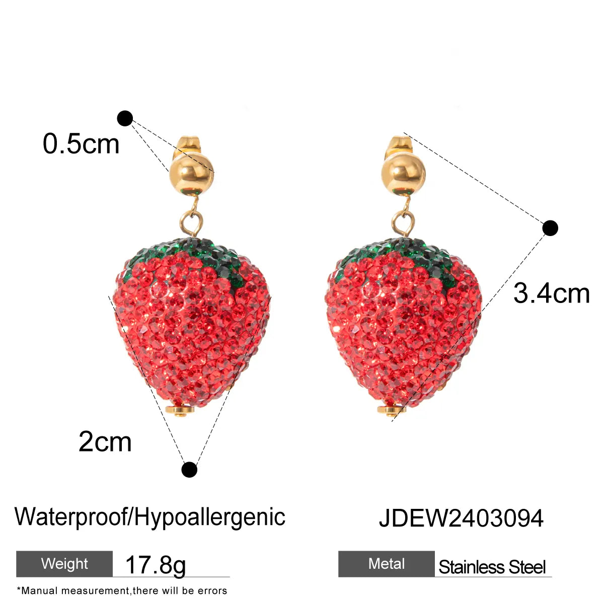 1 Pair Sweet Artistic Strawberry Inlay 304 Stainless Steel Rhinestones 18K Gold Plated Drop Earrings