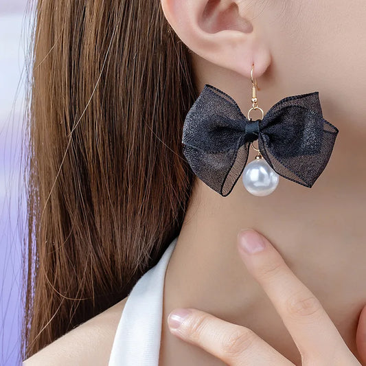 1 Pair Sweet Bow Knot Cloth Drop Earrings