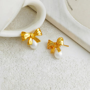 1 Pair Sweet Bow Knot Copper Plating Artificial Pearls Ear Studs