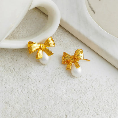 1 Pair Sweet Bow Knot Copper Plating Artificial Pearls Ear Studs