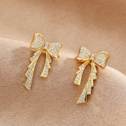 1 Pair Sweet Bow Knot Plating Inlay Copper Zircon Ear Studs