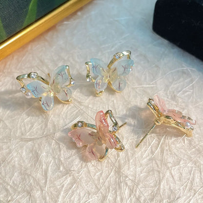 1 Pair Sweet Butterfly Inlay Alloy Resin Zircon Ear Studs