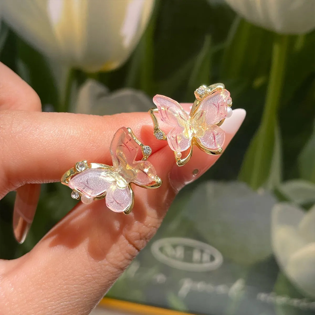 1 Pair Sweet Butterfly Inlay Alloy Resin Zircon Ear Studs