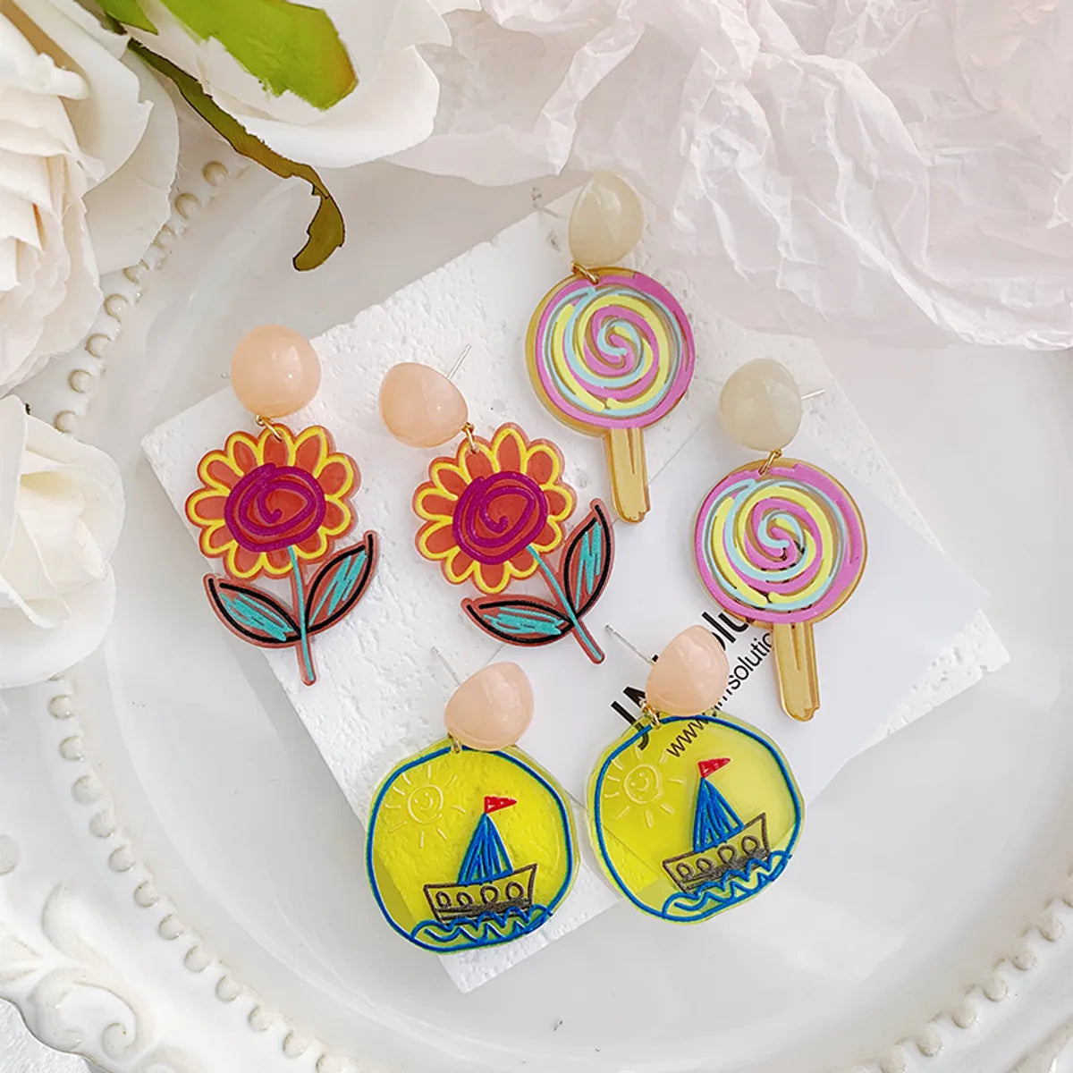 1 Pair Sweet Candy Ship Flower Resin Drop Earrings