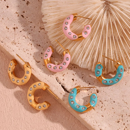 1 Pair Sweet Classic Style C Shape Enamel Plating Inlay Stainless Steel Rhinestones 18k Gold Plated Ear Studs