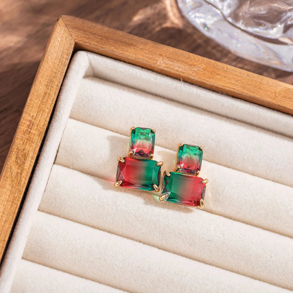 1 Pair Sweet Colorful Square Inlay Copper Crystal Drop Earrings