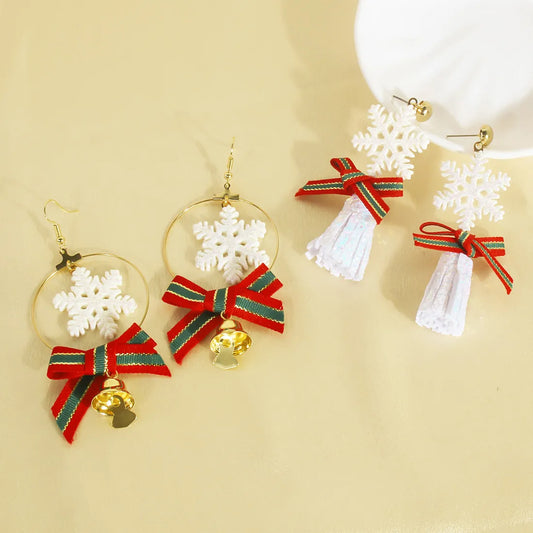 1 Pair Sweet Commute Bow Knot Snowflake Patchwork Cloth Drop Earrings