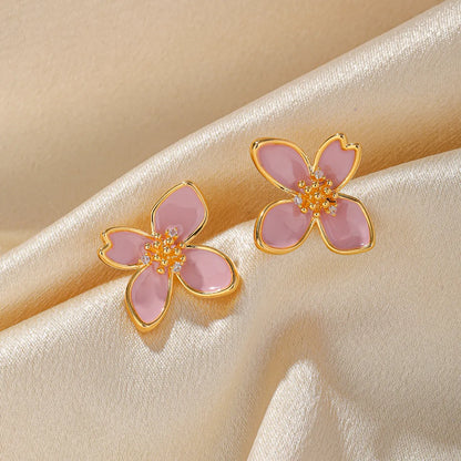 1 Pair Sweet Commute Flower Enamel Plating Inlay Copper Freshwater Pearl Zircon 18k Gold Plated Ear Studs