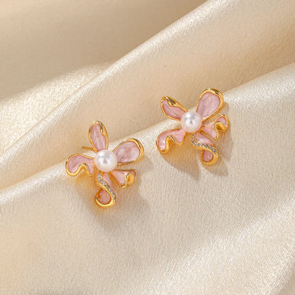 1 Pair Sweet Commute Flower Enamel Plating Inlay Copper Freshwater Pearl Zircon 18k Gold Plated Ear Studs