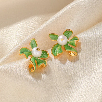 1 Pair Sweet Commute Flower Enamel Plating Inlay Copper Freshwater Pearl Zircon 18k Gold Plated Ear Studs