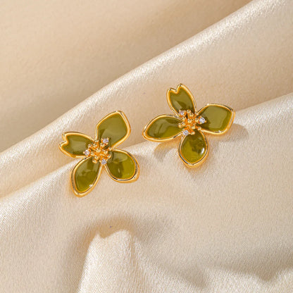 1 Pair Sweet Commute Flower Enamel Plating Inlay Copper Freshwater Pearl Zircon 18k Gold Plated Ear Studs