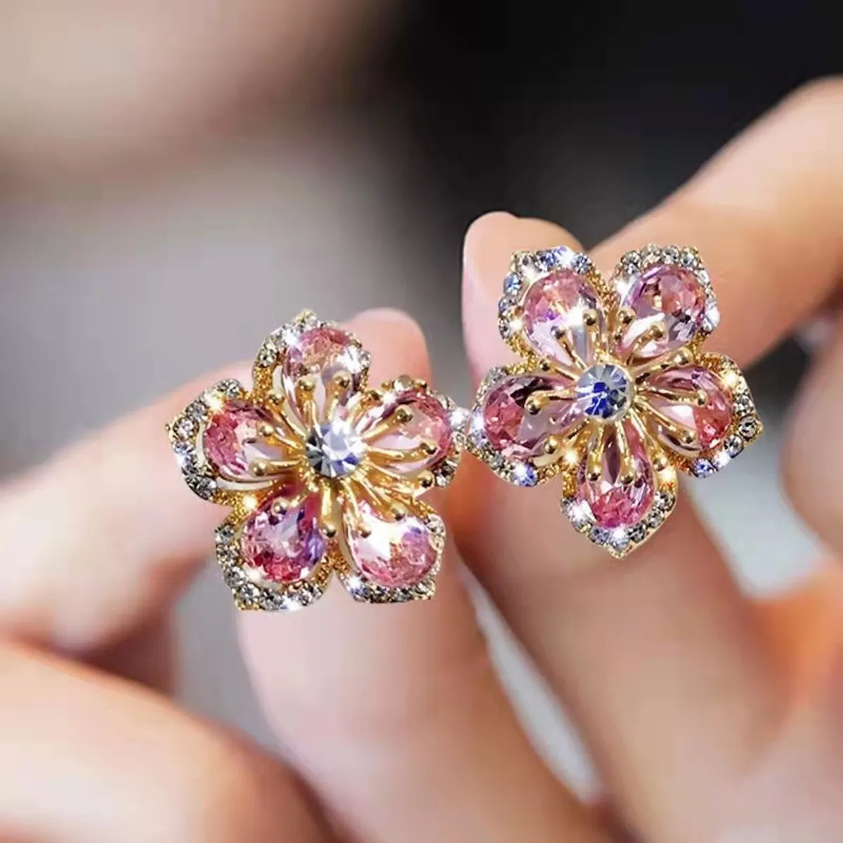 1 Pair Sweet Flower Alloy Inlay Artificial Gemstones Women'S Ear Studs