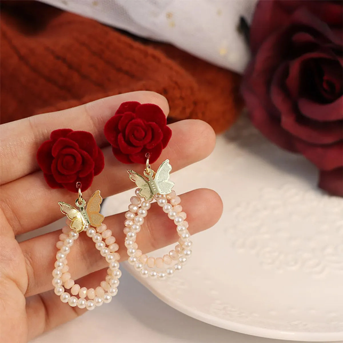 1 Pair Sweet Flower Artificial Crystal Artificial Pearl Copper Drop Earrings