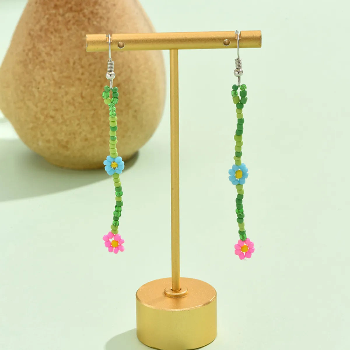 1 Pair Sweet Flower Beaded Glass Drop Earrings