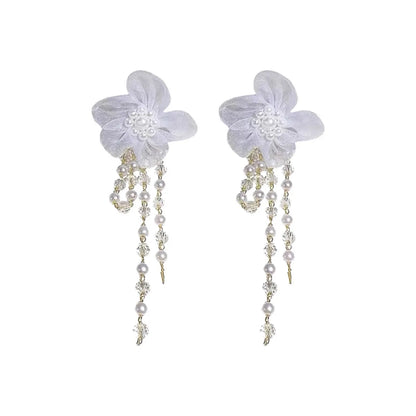 1 Pair Sweet Flower Bow Knot Alloy Beaded Inlay Rhinestones Pearl Women'S Drop Earrings