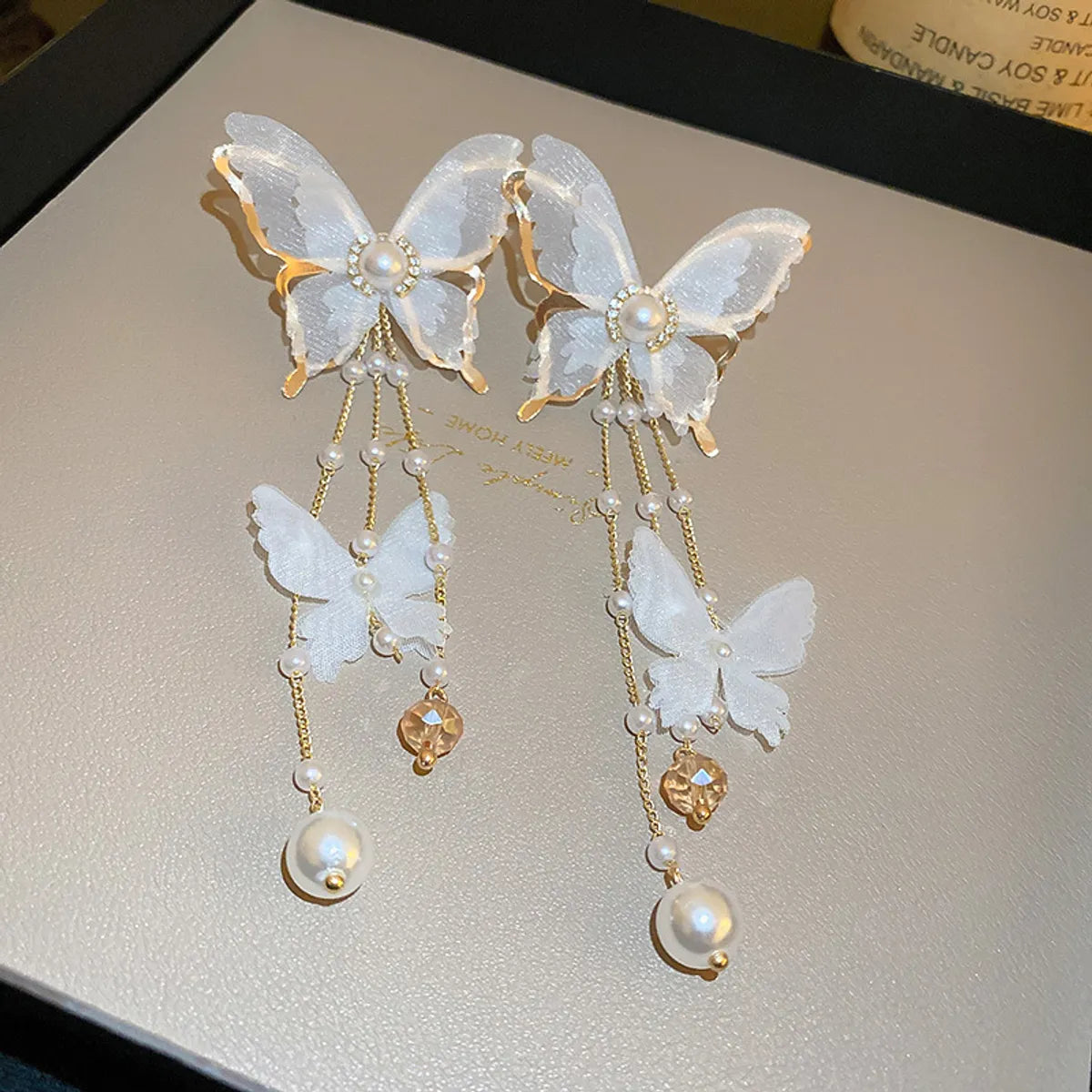 1 Pair Sweet Flower Bow Knot Alloy Beaded Inlay Rhinestones Pearl Women'S Drop Earrings