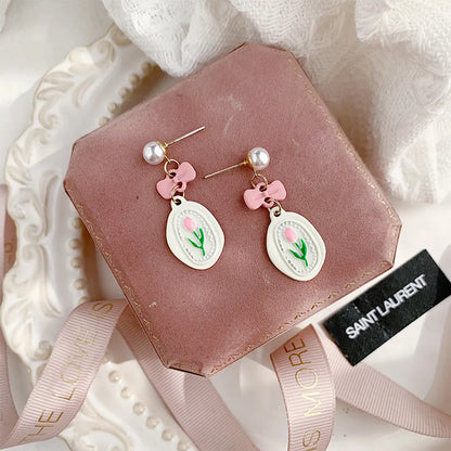 1 Pair Sweet Flower Bow Knot Stoving Varnish Inlay Alloy Artificial Pearls Drop Earrings