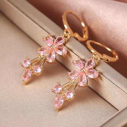 1 Pair Sweet Flower Copper Inlay Artificial Gemstones Earrings