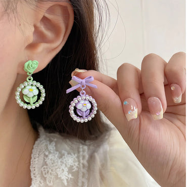 1 Pair Sweet Flower Enamel Inlay Alloy Artificial Pearls Artificial Diamond Ear Studs